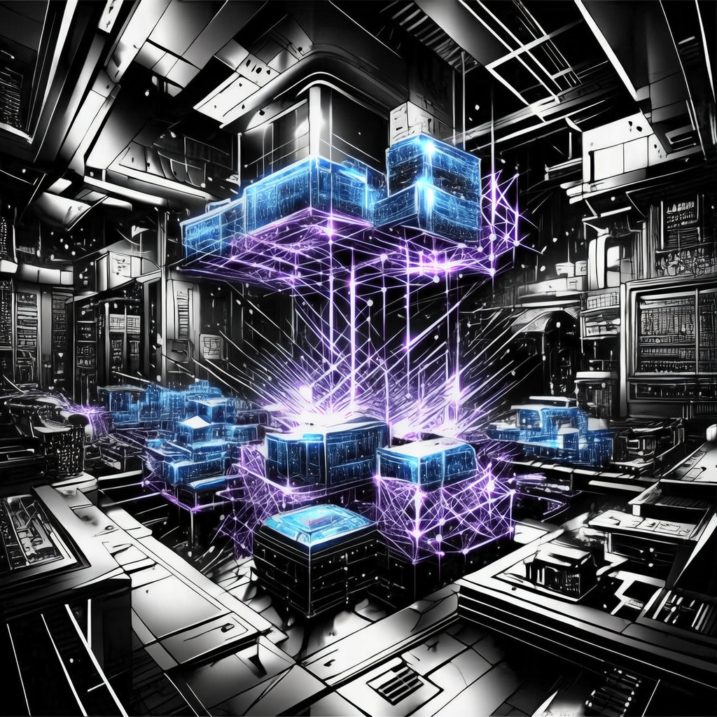 black and white manga panel, dramatic speed lines, Akira aesthetic, bold ink work, A futuristic quantum computing laboratory at night, illuminated by glowing blue and purple quantum processors and holographic lattice structures floating in mid-air, dramatic cinematic lighting casting long shadows, tense and awe-inspiring atmosphere, cyberpunk aesthetic with sleek metallic surfaces, highly detailed, trending on ArtStation.