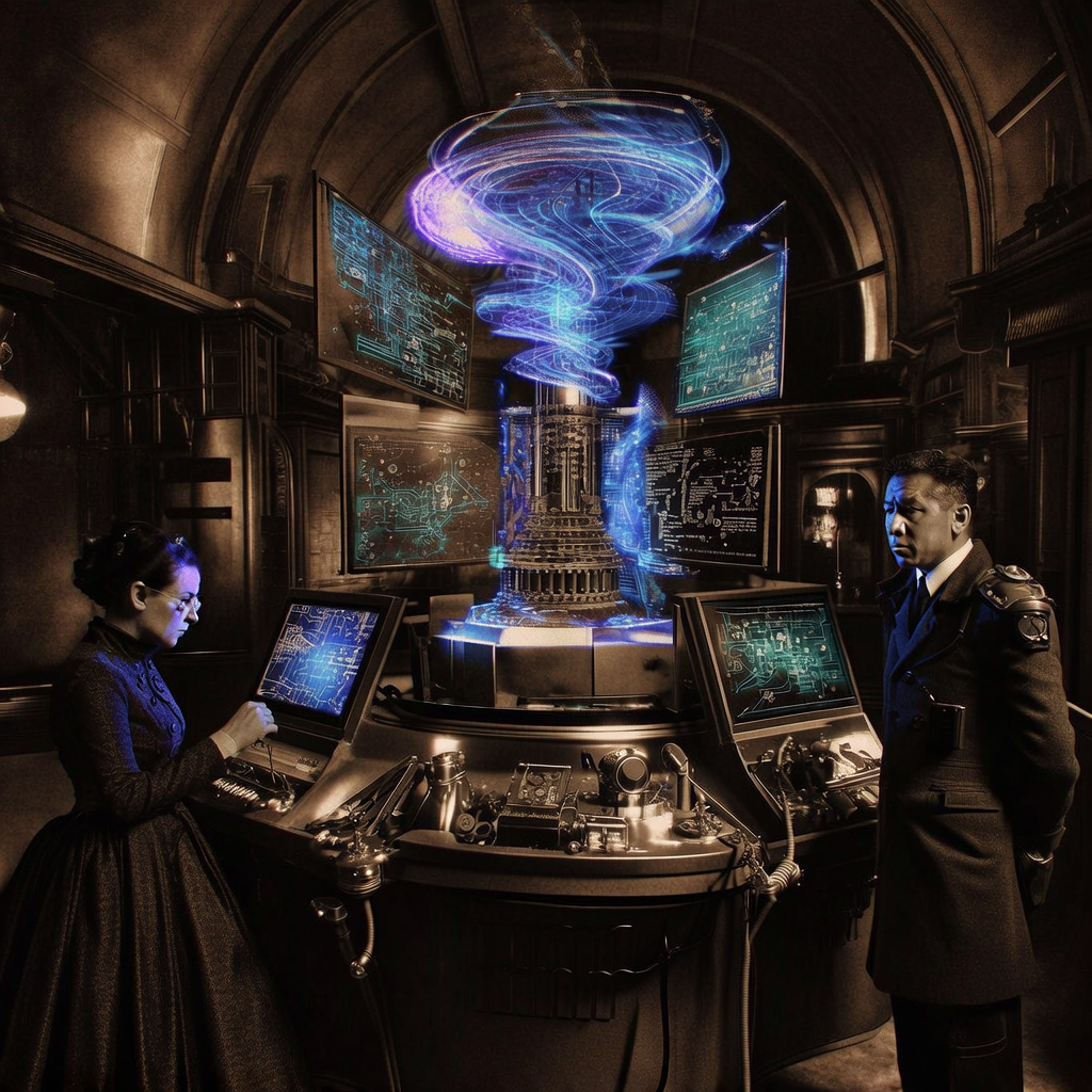 vintage Victorian newspaper photograph, sepia tone, aged paper texture, halftone dot printing, 1890s photojournalism, slight grain, archival quality, authentic period photography, classified intelligence command center with holographic quantum processor visualizations glowing in a dark room, illuminated tactical displays showing complex quantum circuit patterns, dramatic blue and purple lighting from the quantum core, tense and futuristic atmosphere, cinematic sci-fi style, highly detailed, trending cyberpunk aesthetic